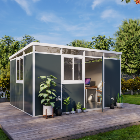 Domek ogrodowy modułowy antracytowy z białymi profilami 4x3 m + podstawa - Everbox