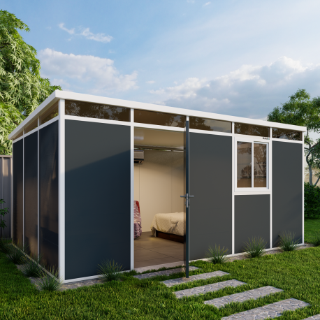 Domek ogrodowy modułowy antracytowy z białymi profilami 5x3 m + podstawa - Everbox