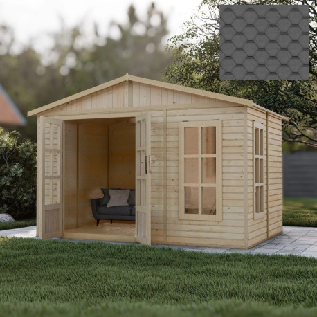 Domek ogrodowy z balików 17 mm - 303x199 cm - z podłogą - czarnym gontem bitumicznym - Timbela