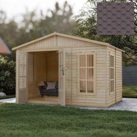 Domek ogrodowy z balików 17 mm - 303x199 cm - z podłogą - brązowym gontem bitumicznym - Timbela