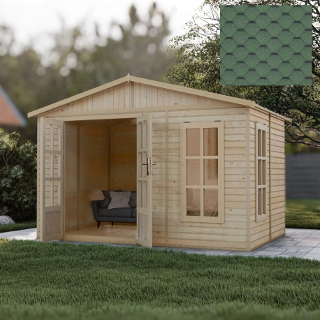 Domek ogrodowy z balików 17 mm - 303x199 cm - z podłogą - zielonym gontem bitumicznym - Timbela