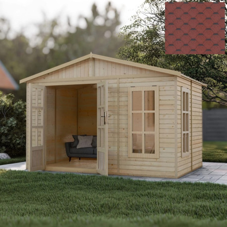 Domek ogrodowy z balików 17 mm - 303x199 cm - z podłogą - czerwonym gontem bitumicznym - Timbela