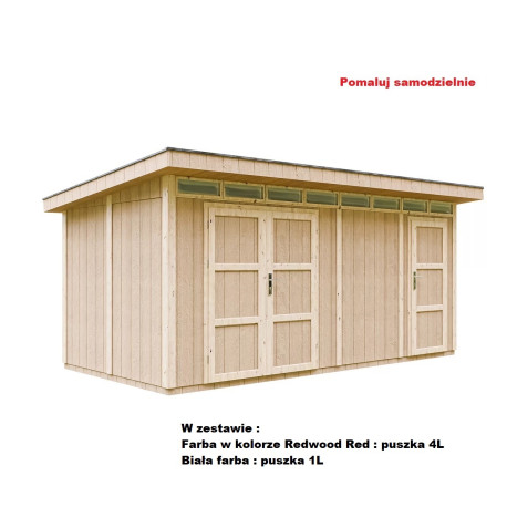 Domek ogrodowy 12 m² z nieimpregnowanego w kolorze Redwood Red - panele LP® SmartSide® - dwoje drzwi - Timbela