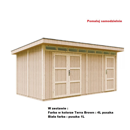Domek ogrodowy 12 m² z nieimpregnowanego w kolorze Terra Brown - panele LP® SmartSide® - dwoje drzwi - Timbela
