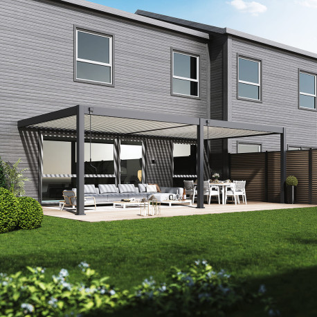 Pergola bioklimatyczna przyścienna z antracytowo-szarego aluminium – białe lamele – 4x8m Ombrea VS