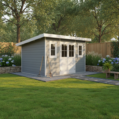 Domek z drewna kompozytowego 28 mm jasnoszary 386x292 cm z dachem jednospadowym PREMIUM - Woodlife Garden