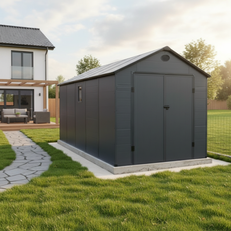 Domek ogrodowy z tworzywa sztucznego antracytowy 11 m² + podstawa - JOBU