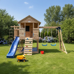 Drewniany plac zabaw BUFFALO z huśtawkami, trapezem gimnastycznym i zjeżdżalnią - Abracadaprout