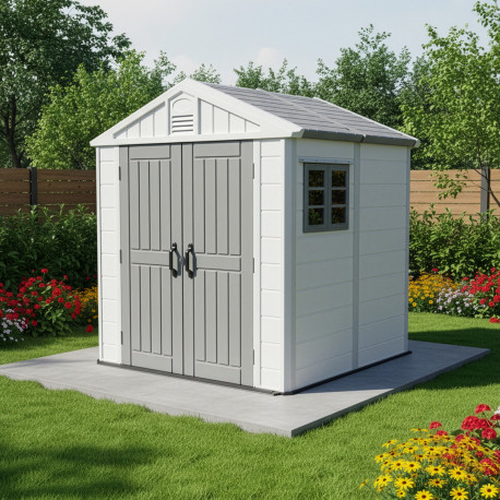 Domek ogrodowy z tworzywa sztucznego HDPE SunLife w kolorze beżowym 4,97m² + podłoga - Jôbu