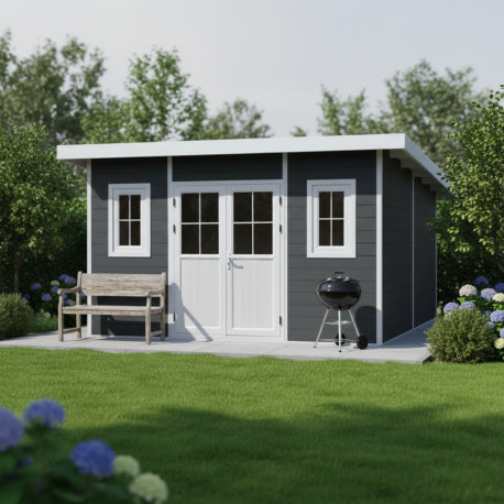 Domek z drewna kompozytowego 28 mm ciemnoszary 386x386 cm z płaskim dachem PREMIUM - Woodlife Garden
