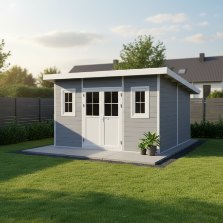Domek ogrodowy z drewna kompozytowego 28 mm jasnoszary 386x386 cm PREMIUM dach jednospadowy - Woodlife Garden