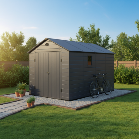 Domek ogrodowy z tworzywa sztucznego antracytowy 8,90 m² + podstawa - JOBU