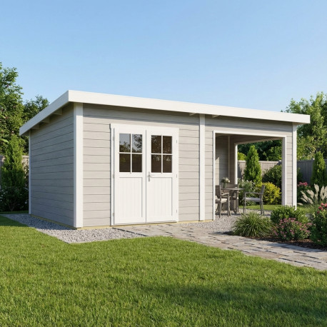 Domek ogrodowy z drewna kompozytowego + taras 28mm jasnoszary 16,8m² PREMIUM dach jednospadowy - Woodlife Garden