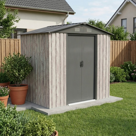 Metalowy domek narzędziowy WoodTouch 1,8x1,2 m beżowy - imitacja drewna + zestaw kotw X-METAL