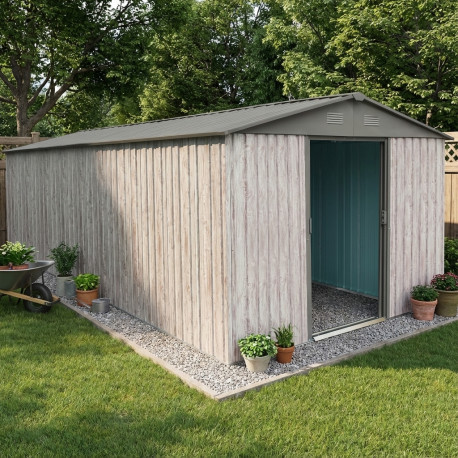 Metalowy domek narzędziowy WoodTouch 2,9x4,4 m beżowy - imitacja drewna + zestaw kotw X-METAL