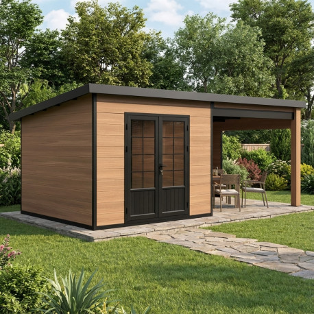 Domek ogrodowy z drewna kompozytowego w kolorze postarzanego drewna 7,8m² + taras 7,8m² - Woodlife Garden