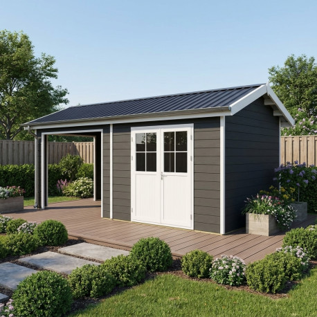 Domek ogrodowy + taras z drewna kompozytowego 28 mm antracytowy 15 m² PREMIUM - Woodlife Garden