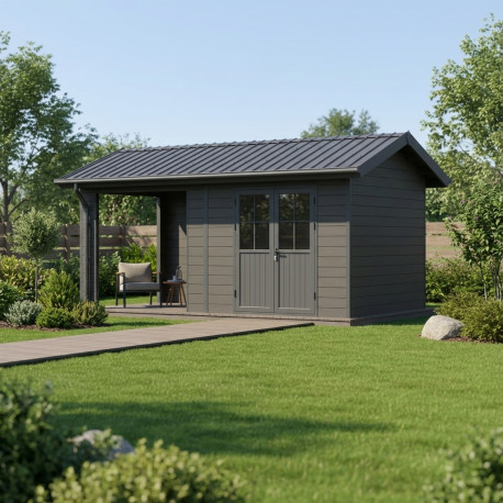 Domek ogrodowy z drewna kompozytowego + taras 28mm czarny 15m² PREMIUM - Woodlife Garden