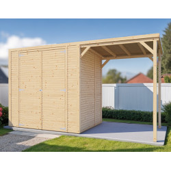 Domek ogrodowy Fineline 2 z nieobrobionego drewna 3,7x1,6m z tarasem - panele 18mm - Bertilo