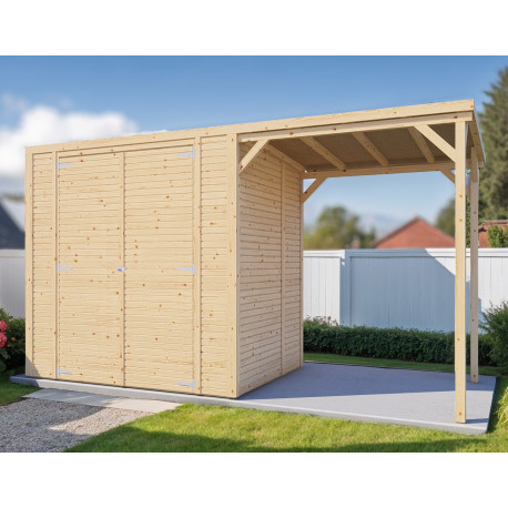 Domek ogrodowy Fineline 2 z nieobrobionego drewna 3,7x1,6m z tarasem - panele 18mm - Bertilo