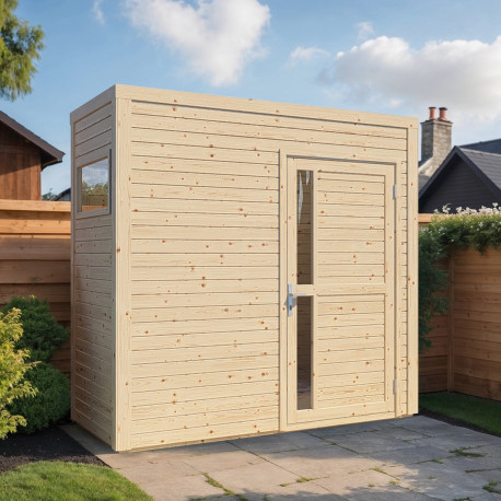 Domek ogrodowy Cubus 1 z nieobrobionego drewna 2,34x1,15m z podłogą - panele 19mm - Bertilo