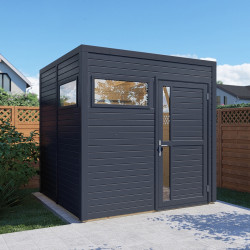 Domek ogrodowy Cubus 2 z drewna w kolorze szarym antracytowym 2,26x2,34m z podłogą - panele 19mm - Bertilo