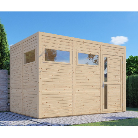 Domek ogrodowy Cubus 3 z nieobrobionego drewna 3,37x2,34m z podłogą - panele 19mm - Bertilo
