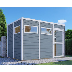 Domek ogrodowy Cubus 3 z drewna w kolorze jasnoszarym 3,37x2,34m z podłogą - panele 19mm - Bertilo