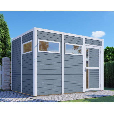 Domek ogrodowy Cubus 3 z drewna w kolorze jasnoszarym 3,37x2,34m z podłogą - panele 19mm - Bertilo