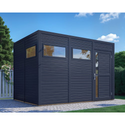 Domek ogrodowy Cubus 3 z drewna w kolorze szarym antracytowym 3,37x2,34m z podłogą - panele 19mm - Bertilo
