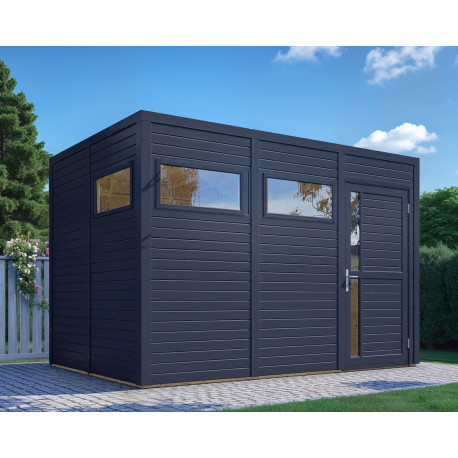 Domek ogrodowy Cubus 3 z drewna w kolorze szarym antracytowym 3,37x2,34m z podłogą - panele 19mm - Bertilo