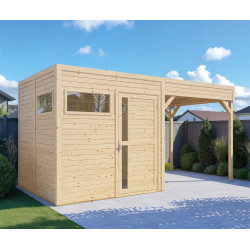 Domek ogrodowy z tarasem Cubus 2 z nieobrobionego drewna 4,5x2,34m z podłogą - panele 19mm - Bertilo