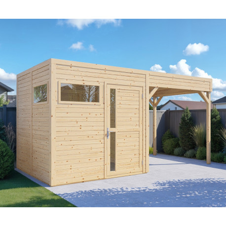 Domek ogrodowy z tarasem Cubus 2 z nieobrobionego drewna 4,5x2,34m z podłogą - panele 19mm - Bertilo