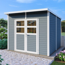Domek ogrodowy Felix 3 z drewna w kolorze jasnoszarym 2,45x2,4m z podłogą - panele 19mm - Bertilo