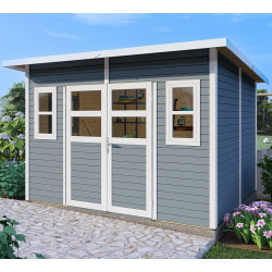 Domek ogrodowy Felix 4 z drewna w kolorze jasnoszarym 2,9x2,45m z podłogą - panele 19mm - Bertilo