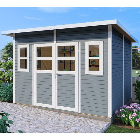 Domek ogrodowy Felix 4 z drewna w kolorze jasnoszarym 2,9x2,45m z podłogą - panele 19mm - Bertilo