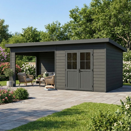 Domek ogrodowy z drewna kompozytowego + taras 28mm antracytowy 16,8m² PREMIUM dach jednospadowy - Woodlife Garden