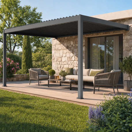 Elektryczna pergola przyścienna w kolorze szaro-antracytowym 4x3m - sterowana pilotem - X-METAL