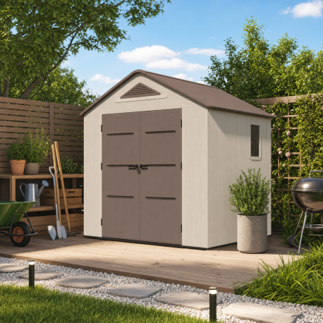 Domek Ogrodowy HDPE Sunlife 4,5m² kremowo-brązowy + podłoga w zestawie - JOBU