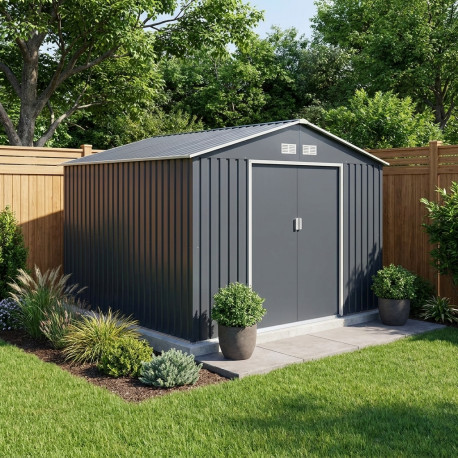 Metalowy domek narzędziowy PLUS 3,3x3,1m antracytowy + zestaw kotw mocujących - X-METAL