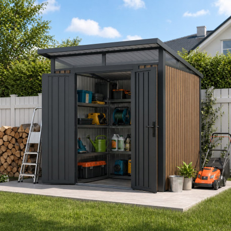 Domek ogrodowy z ocynkowanej stali 0,4mm Woodsteel 2,1x2,1m dach jednospadowy + zestaw kotwiący - X-METAL