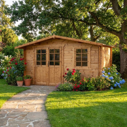 Domek ogrodowy z litego drewna w kolorze brązowym TOP 4x3m - panele 28mm - Gardy Shelter