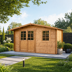 Domek ogrodowy z litego drewna w kolorze brązowym TOP 4x3m - panele 28mm - Gardy Shelter