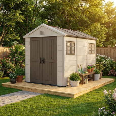 Domek ogrodowy z tworzywa sztucznego HDPE SunLife w kolorze beżowym 7,17m² + podłoga - Jôbu